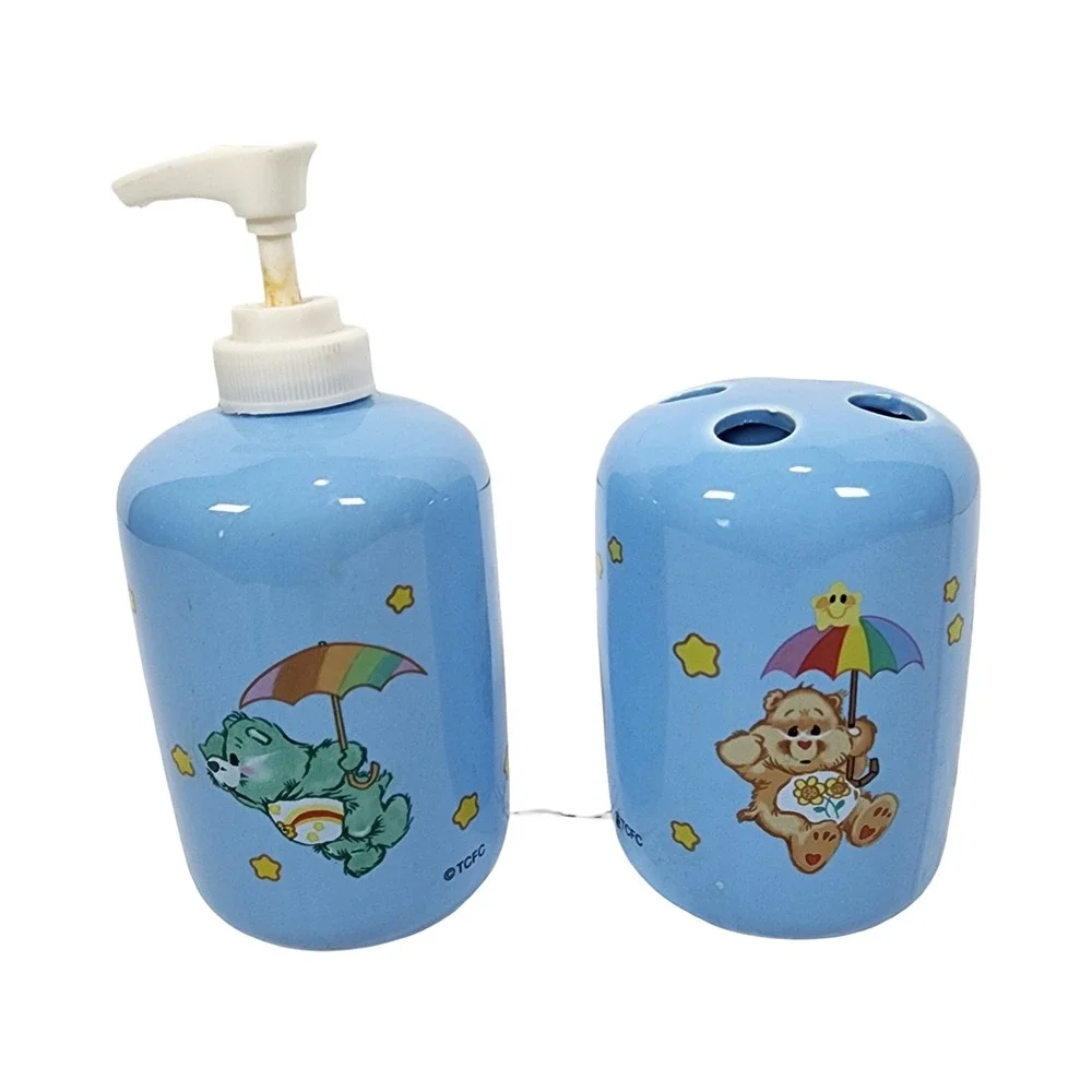Vintage Care Bears Ceramic Soap Dispenser and Toothbrush Holder Set Blue TCFC
